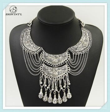 2015 Vintage Silver Tribal Bib Necklace, Bohemian Tassel Statement Necklace for Women