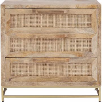 Natural Rattan and Gold Base 3 Drawer Danika Cabinet, Three, Brown