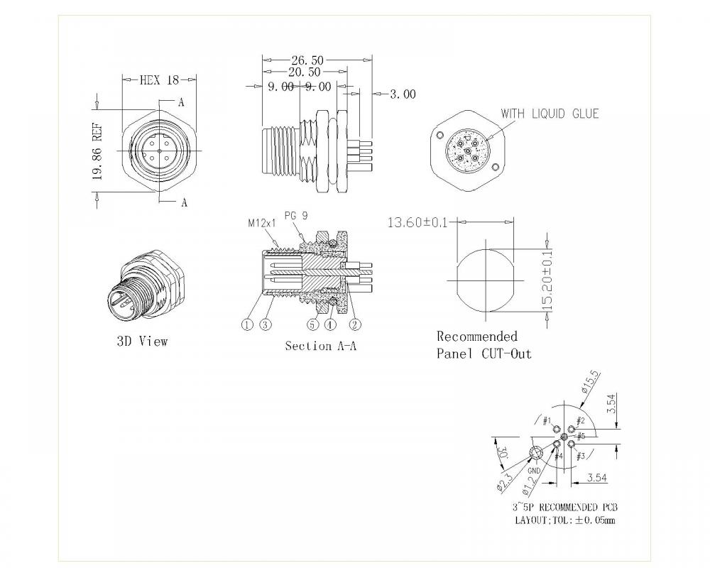 M12 3-5p Front di blocco maschio PG9 D-codice schermato