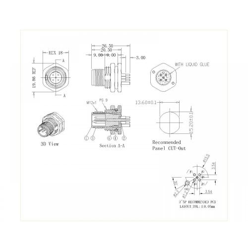 M12 3-5p Khóa nam phía trước PG9 D-Code được che chắn