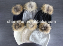 Raccoon Fur Pom Pom Cable Knit Cashmere Bobble Hat