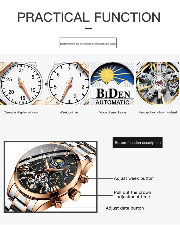 BIDEN 0189 Automatic Mechanical Watch Movements For Sale Stylish Luminous Moonphase Men Watches