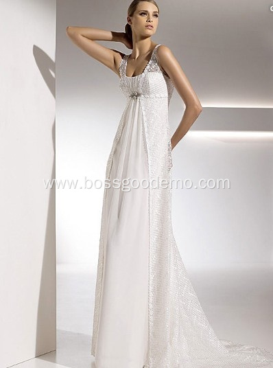 Empire Sheath Column Straps Chapel Train Chiffon Lace Draped Wedding Dress