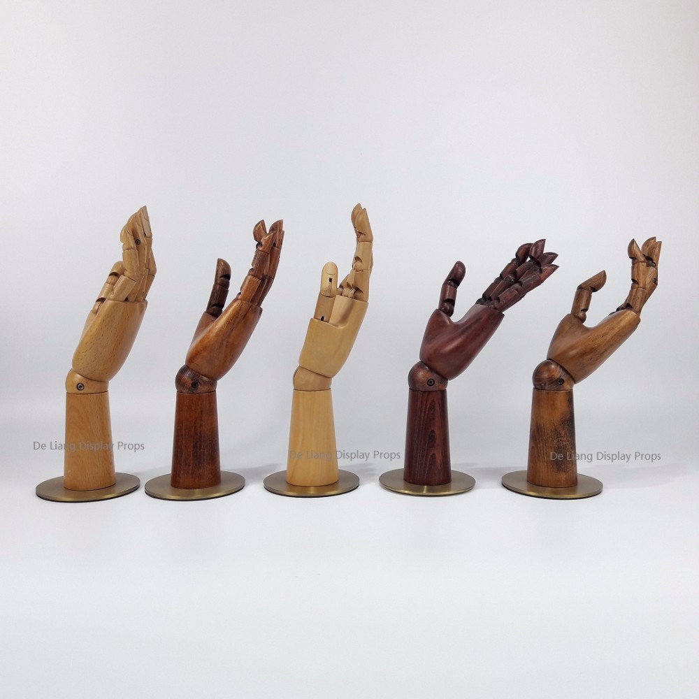 DLW480 Antique dark brown Dummy Wooden Hand Mannequin Display with titanium base joints adjustable beech wood 29cm hand length