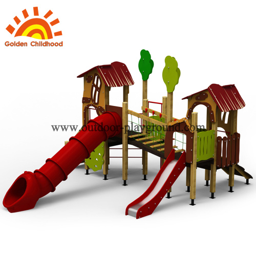 Slide kayu playhouse luar ruangan untuk anak-anak