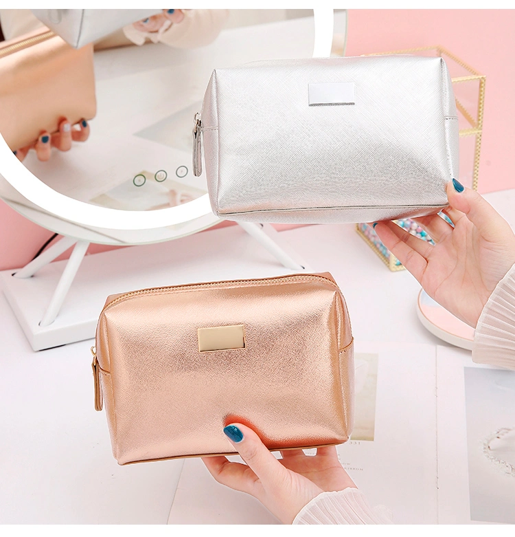 Luxury Modella Small Cross Stripe PU Leather Cosmetic Bag Women, Travel Rose Gold Makeup Bag Custom Private Label Metal Logo