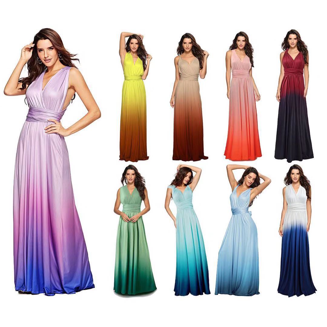 Hot sale sexy backless gradient color long gown dress for ladies elegant V-neck vestido de noche evening dress