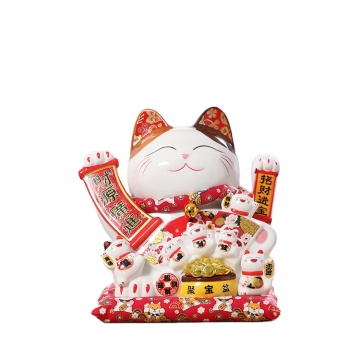 Lucky Cat Decoration with Mini Cats Holding 'Cai Yuan Gun Gun' - 11 Inch