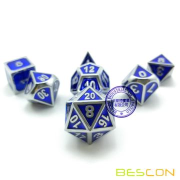 Bescon Deluxe Shiny Chrome and Blue Enamel Solid Metal Polyhedral Role Playing RPG Game Dice Set of 7