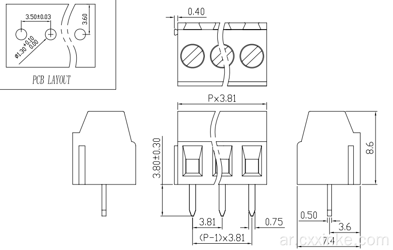 3.81mm ملعب المسمار نوع PCB كتلة 2P3P يمكن تقطيعه