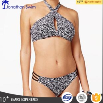 Leopard-Print High-Neck Bikini Top & Strappy Bikini Bottoms,