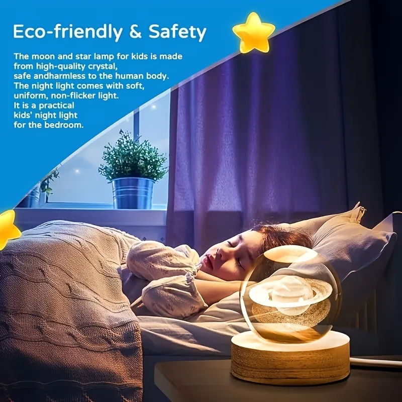Star Planet Crystal Ball Night Light with LED Wooden Base Lamp