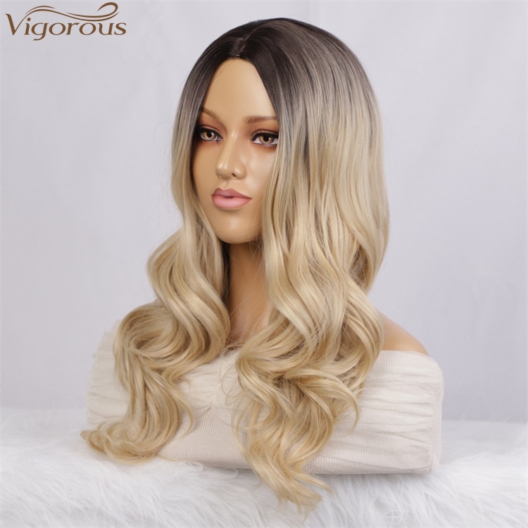 Vigorous Long Wavy Wig For Black Women Ombre Blonde Middle Part Wigs Heat Resistant Synthetic Wigs Wholesale Price