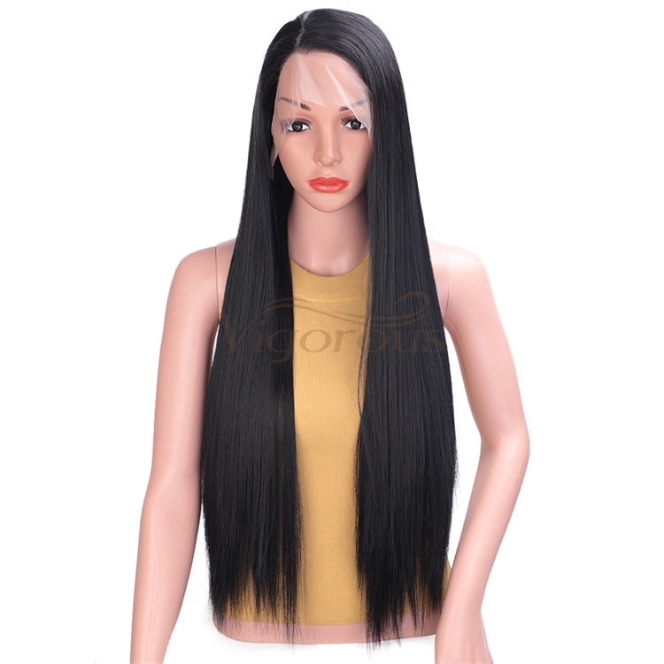 Vigorous Black Color Lace Front Wig Straight Long Heat Resistant Women Wigs Synthetic Parting Side Lace Wig