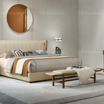 Leather Bed End Stool with Walnut Base