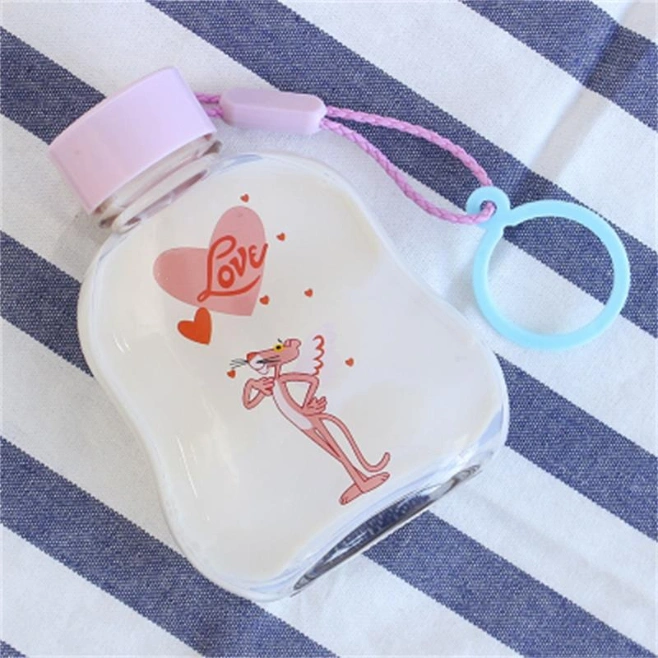 Hot Selling Various Styles of Cute Cartoon Pattern Glass Water Milk Juice Bottle with Lid