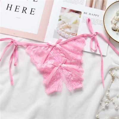 Sexy Lingerie Women Lace Panties Thongs Pearl Pendant Lace Embroidery G-String T-Back Briefs Underwear Adjustable Ladies Panties