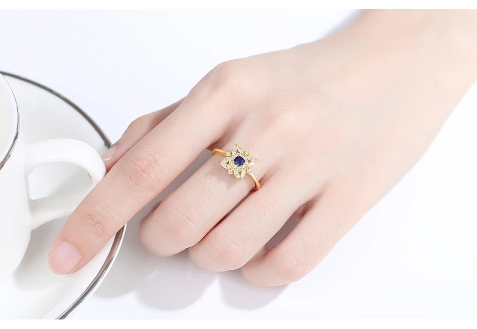 High Quality Shinning Blue CZ Stone Gold Plated S925 Silver Wedding Ring