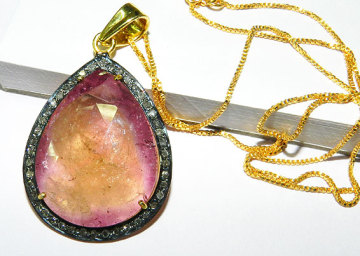 925 Sterling Silver Natural Bio Tourmaline Diamond setted Pendant