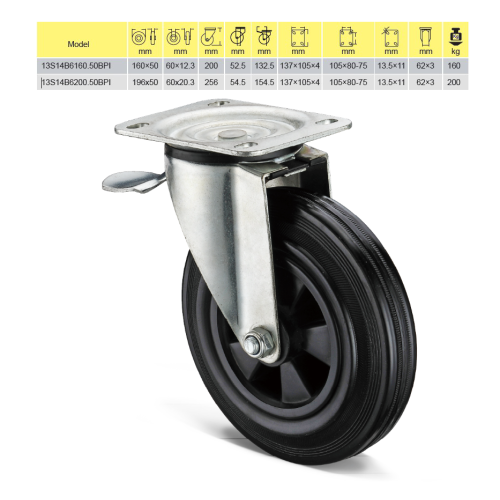 Hardened heavy duty casters with rubber wheels