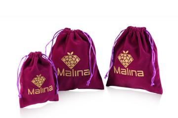 Drawstring Purple velvet bag with gold logo