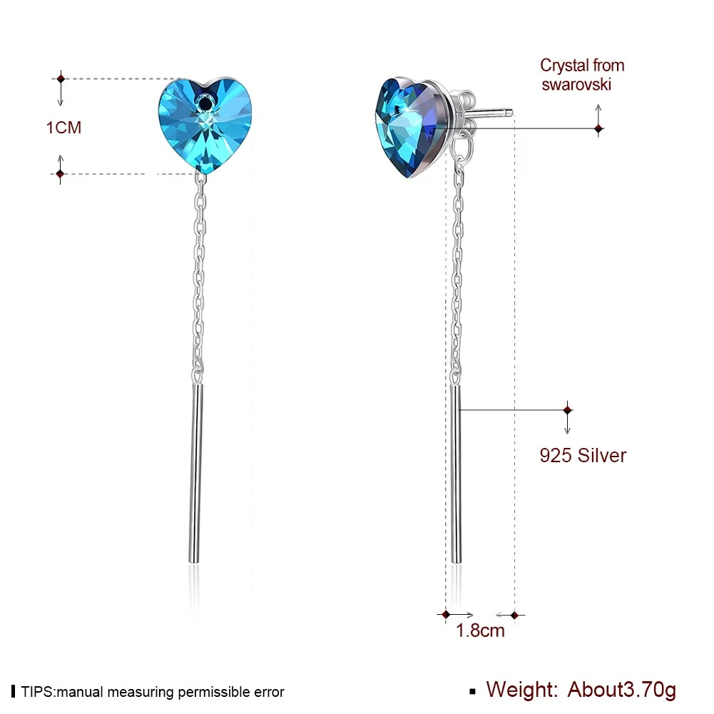 Long Dangle Heart Shaped 925 Sterling Silver Crystal Stud Earrings