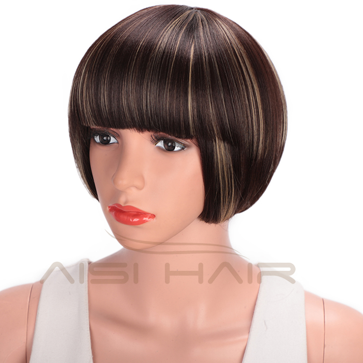 Aisi Hair Short Straight Bob Wigs Heat Resistant Synthetic Fiber Brown Blonde  Mixed Colors Short Bob Wigs with Neat Bangs