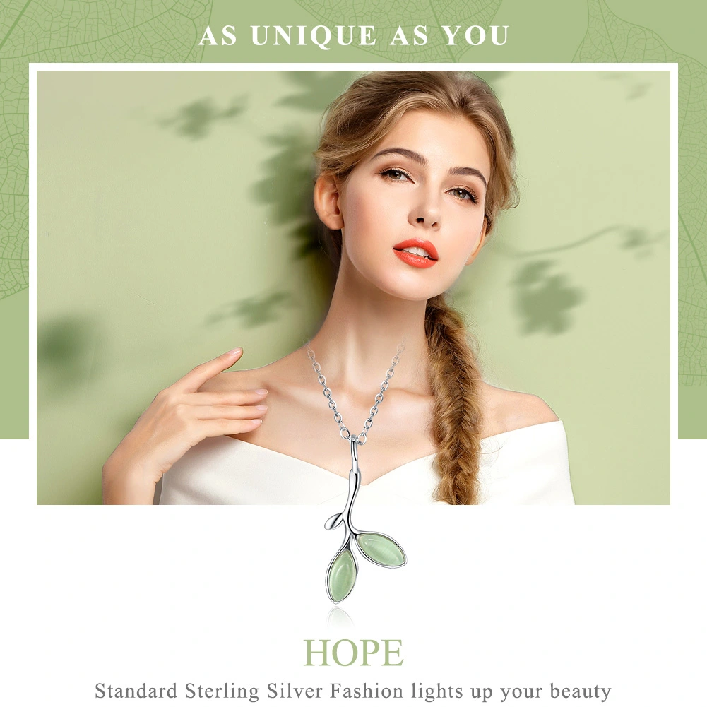 Plated Platinum Jewelry Green Leaves Synthetic Opal Sterling Silver Pendant Necklace