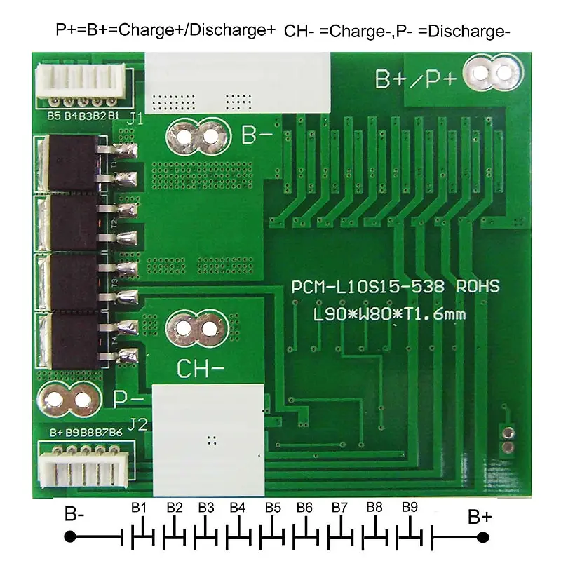 10s C: 5A D: 15A PCM BMS for 36V 37V Li-ion/Lithium/ Li-Polymer 30V 32V LiFePO4 Battery Pack Size L90*W80*T8mm (PCM-L10S15-538)