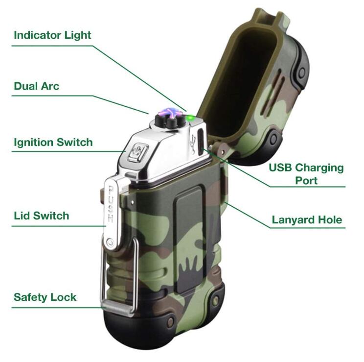 Outdoor Waterproof Windproof Lighter Dual Arc Electric Lighters USB Rechargeable Lighter