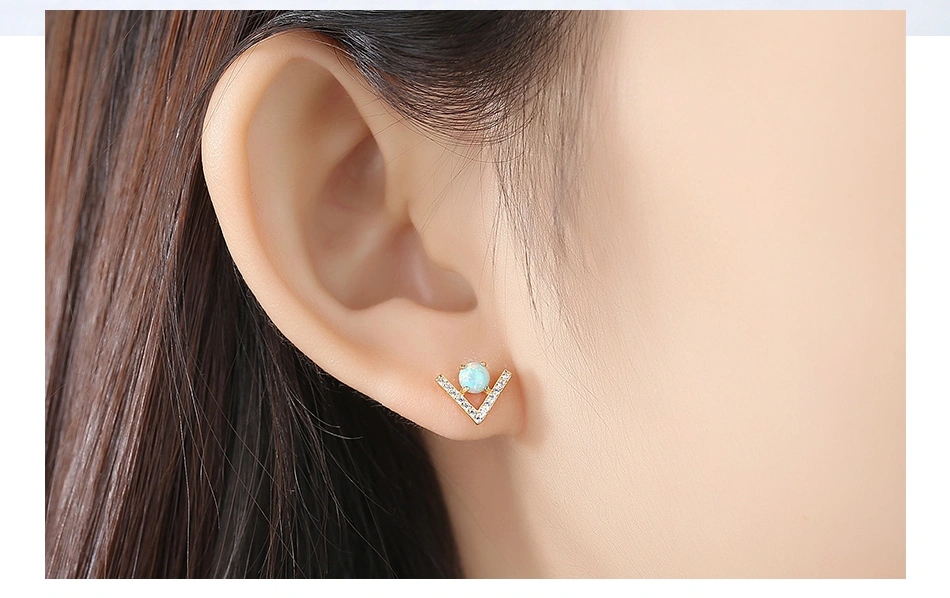 Trendy V Shape CZ S925 Silver Opal Stud Earrings