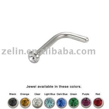 Nose Screw Bezel Set Jeweled L Bend Body Piercing Jewelry Nose Ring