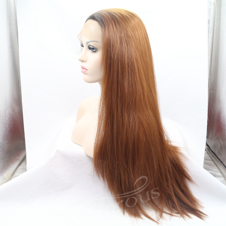 Vigorous ombre long straight premium high quality wholesale black women synthetic hair wigs with lace fron
