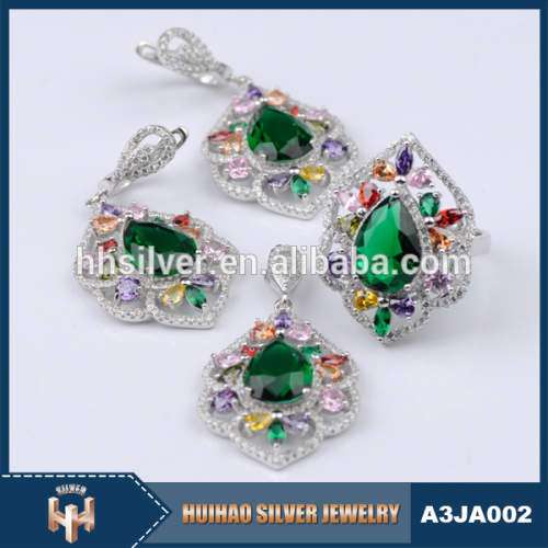 China glass stone jewelry fashionable 925 silver jewlery set rhodium plated green stone jewelry set for women