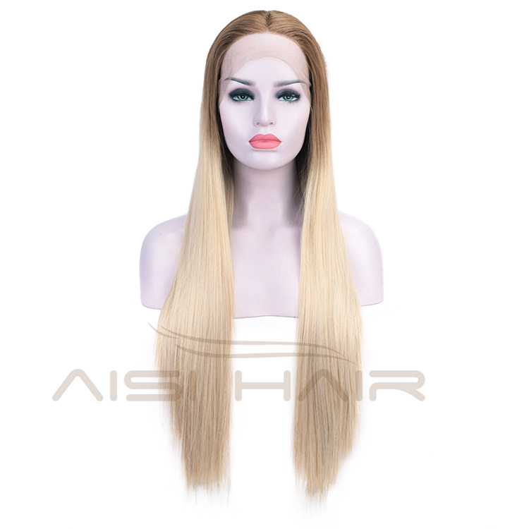 Aisi Hair Ombre Blonde Lace Front Long Wigs Heat Resistant Synthetic Fiber Long Silk Straight Lace Front Wigs For Women