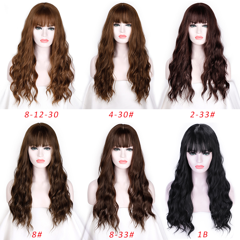 Vigorous Synthetic Long Gray Wigs with Bangs Water Wave Heat Resistant Black Brown Pink Purple Cosplay Wigs for Women