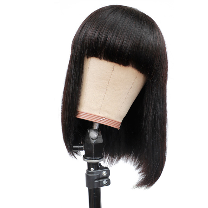 ISEE Short Human Hair Lace Front Wig With Bangs,Brazilian Straight Hair Bob Lace Wig With Front Fringe Bangs