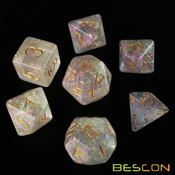 Bescon Shimmery Dice Set Rose-Golden, RPG Juego de 7 dados en caja de ladrillo