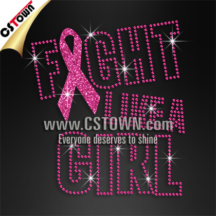 Fight like a girl pink ribbon iron on glitter sequin motif