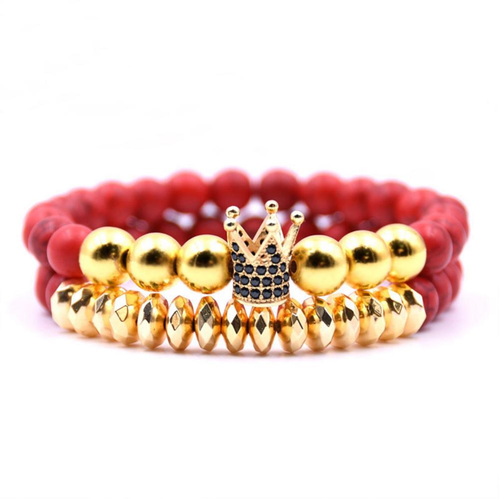 Fake Gold Crown Charm 8MM Juego de pulsera turquesa