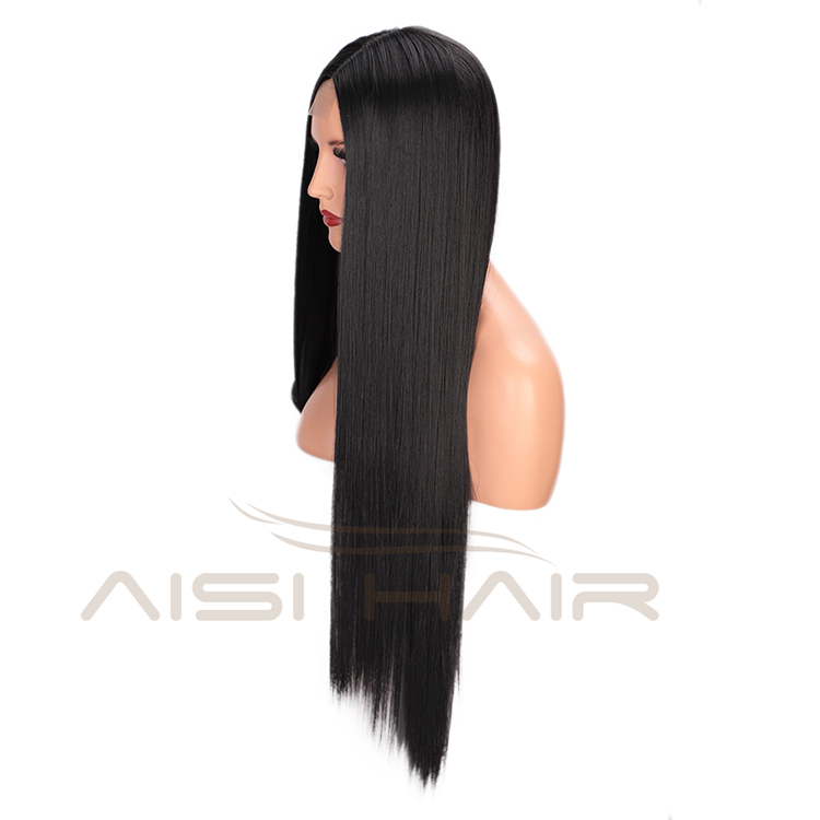 Aisi Hair Long Silky Straight Middle Part Black Cosplay Party Wig Lace Front Synthetic Fiber Hair Wigs For White Black Women