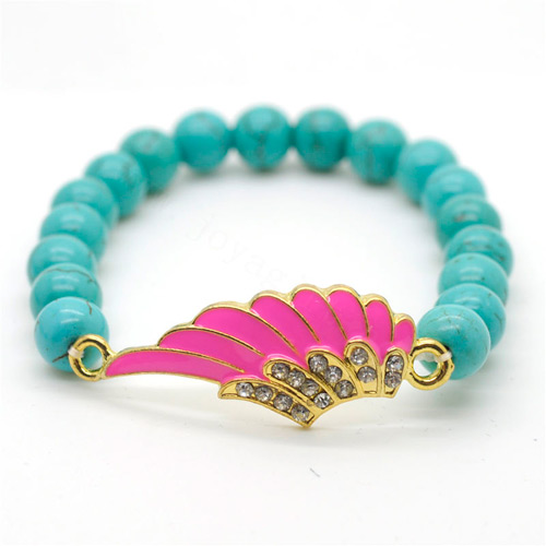Turquoise 8MM perles rondes Bracelet extensible de pierres précieuses avec pièce d&#39;aile en alliage Diamante