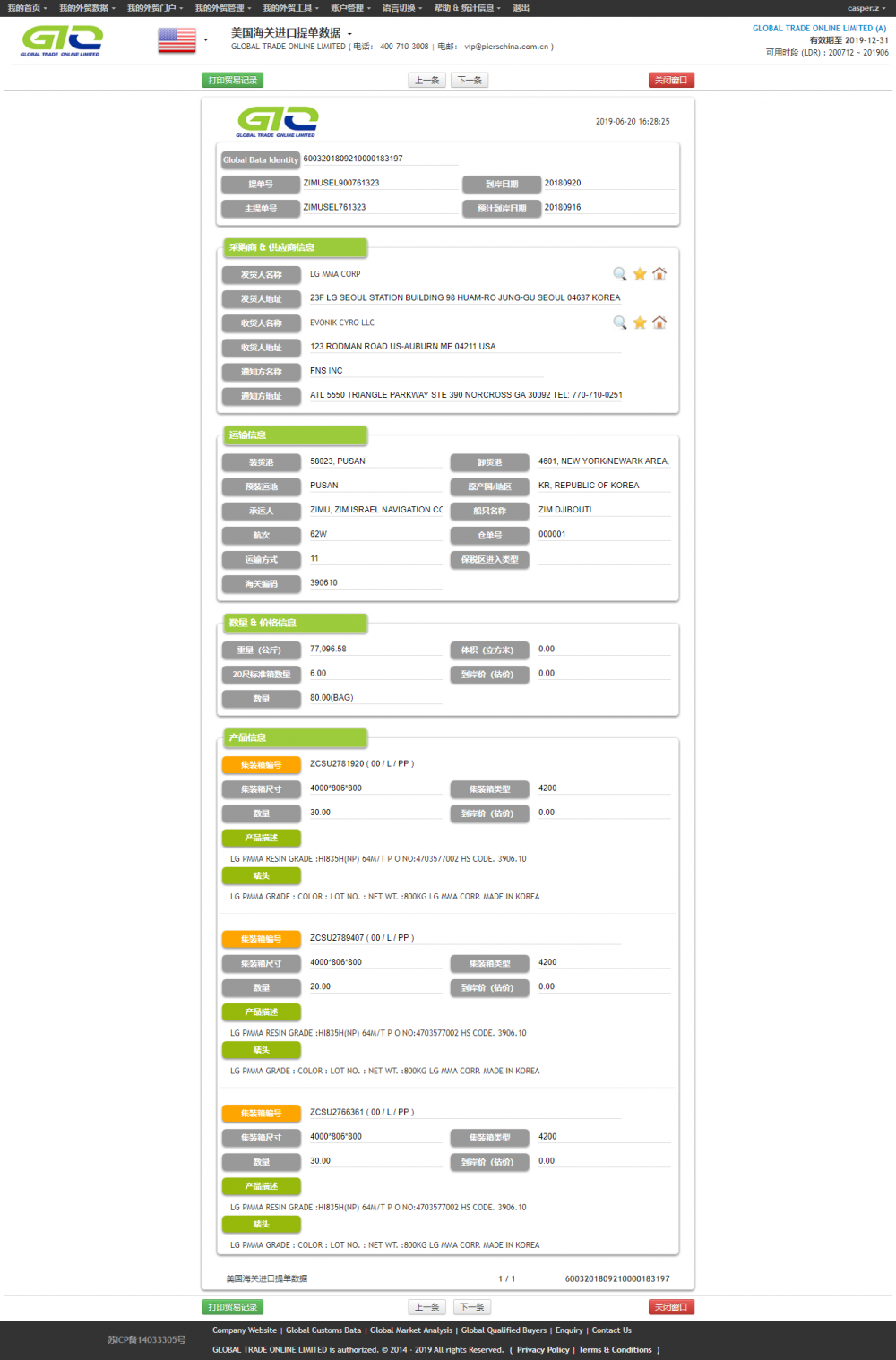 Información comercial de los proveedores de Corea que exportan productos de resina al mercado estadounidense