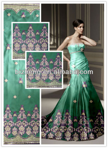 Green ribbon embroidered dubai velvet fabric for wedding dress