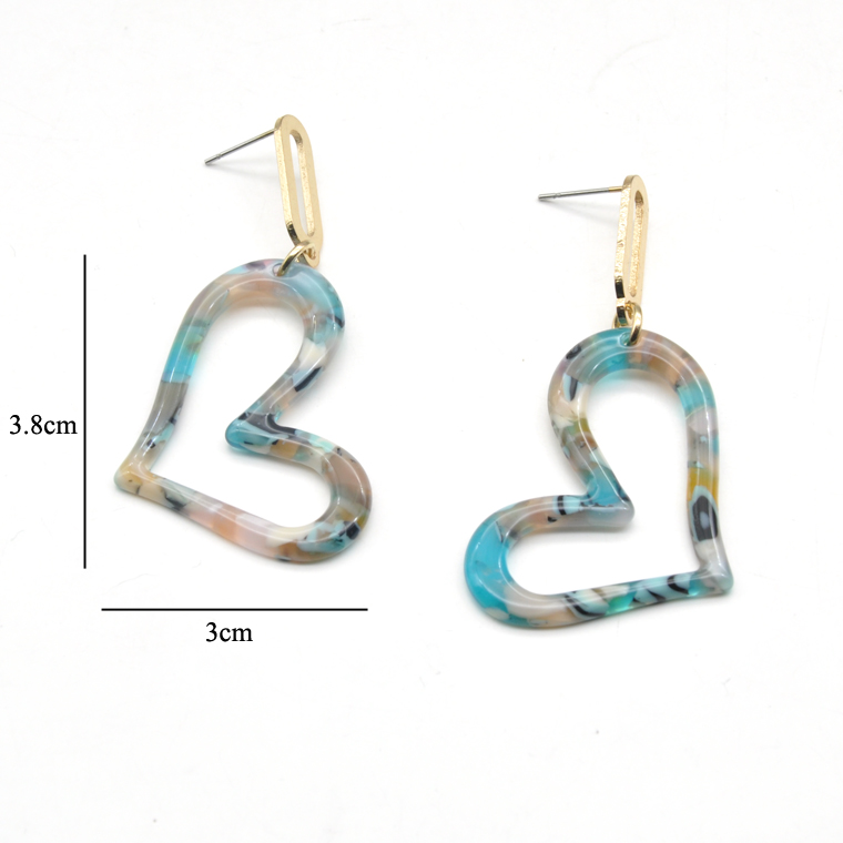 Asian Korea style small gold brass and acetate heart dangle earrings