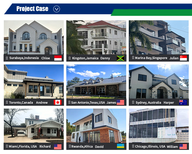 JBD HOME global project cases — aluminum doors and windows installed in residential & commercial buildings across USA, Canada, Australia, Singapore, Jamaica, Indonesia, Rwanda and more, showcasing real-world applications for international B2B clients.