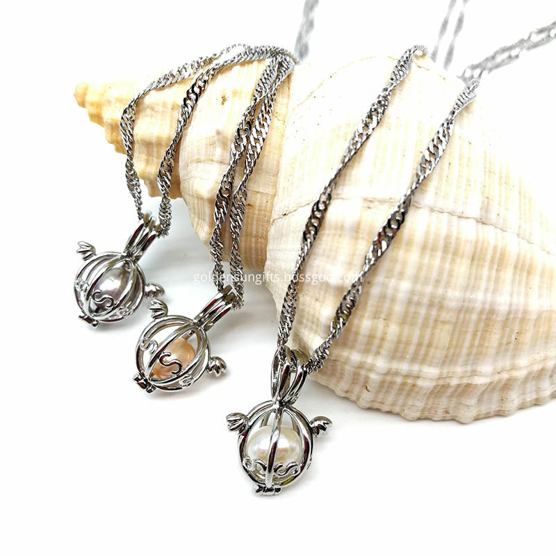 Water Wave Chain Necklace with Pearl Cage Pendant