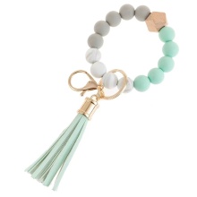 Elastic Silicone Bead Wooden Beads Bangle Bracelet with Wood Tassel Keychain