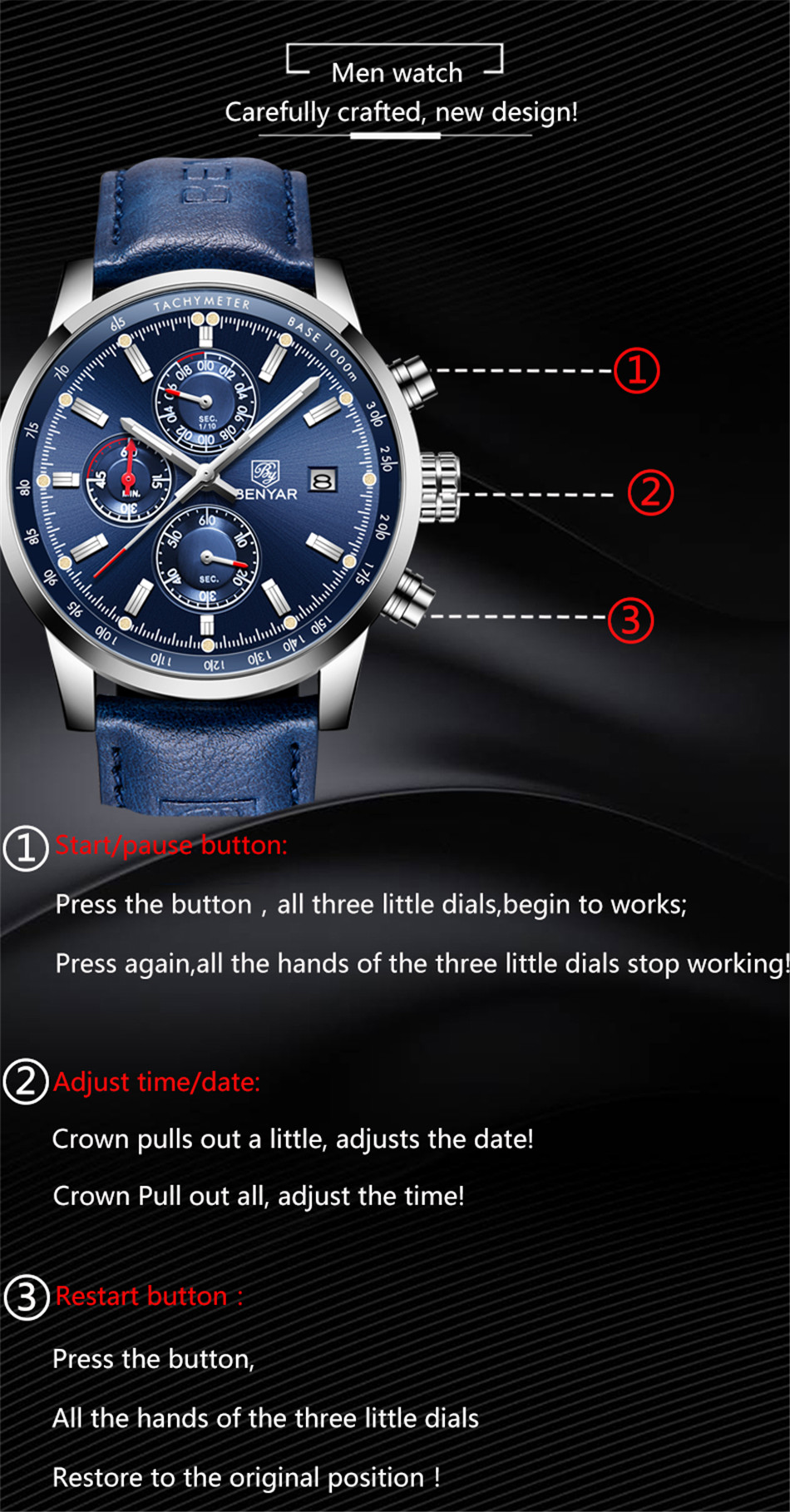 BENYAR 5102M Men Watch Chronograph Wristwatches Blue Fashion Design Sports Quartz Watches Leather Relogio Masculino