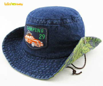 Childs Denim Style Bucket Hat with strap Hiking Brimmed Kids Beach Fishing Sun